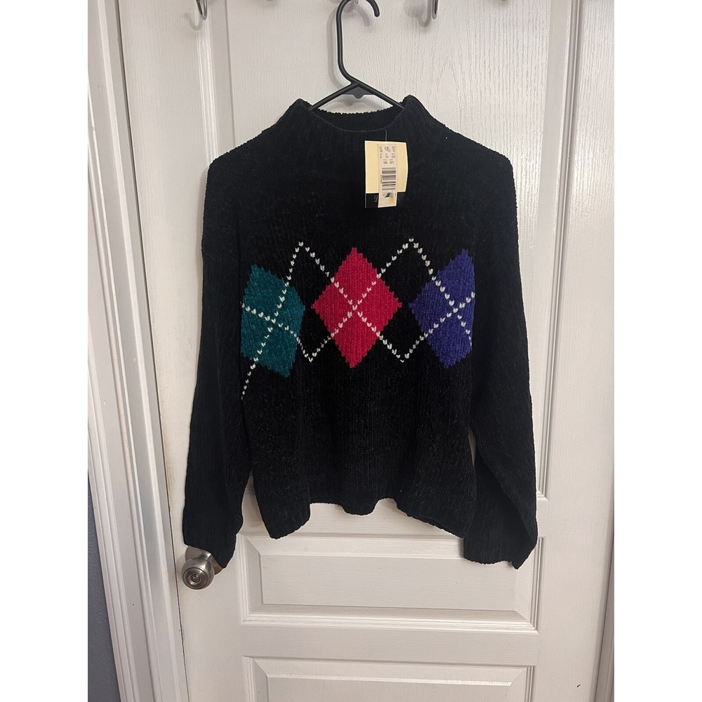 NOS Vintage Dana Scott Argyle Sweater Black pink teal purple High Neck with tags